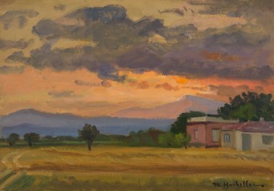 Nerantza Landscape at Sunset — Oil painting, Fiberboard, 35.00×50.00cm — Theodoros Markellos